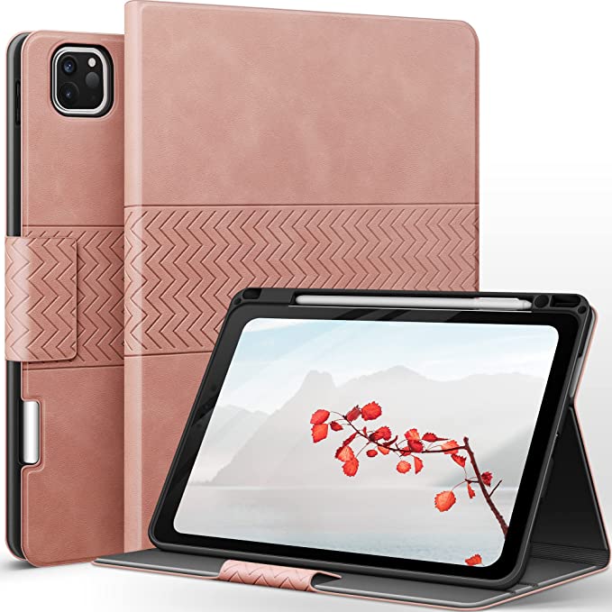 Photo 1 of Case for iPad Pro 11 2021/2020/2018 with Pencil Holder, Apple Pencil(2nd Gen) Wireless Charging/Pairing, Vegan Leather, Auto Sleep/Wake Smart Cover (Pink)
