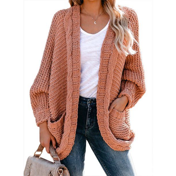 Photo 1 of Aleumdr Womens Winter Open Front Cardigan Long Sleeve Pink Chunky Cable Knit Cardigan Sweater Coats 2XL

