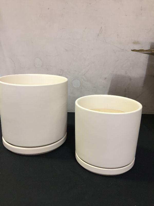 Photo 2 of 8" & 6" WHITE CERAMIC PLANTER POTS WITH SAUCERS