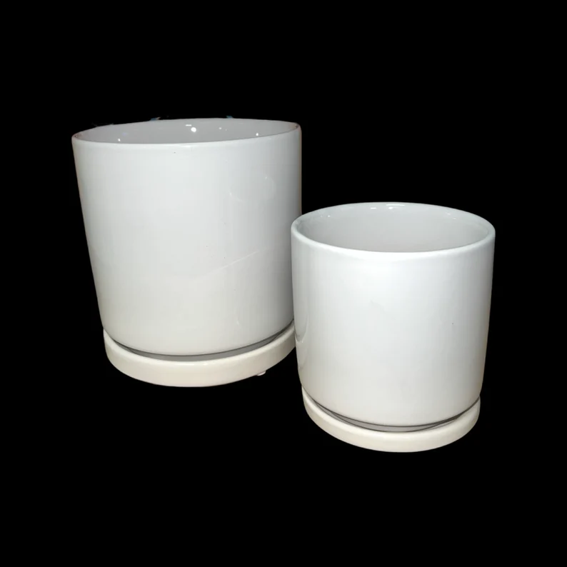 Photo 1 of 8" & 6" WHITE CERAMIC PLANTER POTS WITH SAUCERS