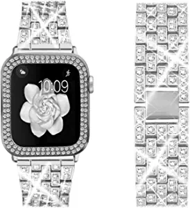 Photo 1 of Bekomo Compatible for Apple Watch Band 45mm 41mm 38mm 40mm 42mm 44mm with 2 Pack Bling Crystal Diamonds Case Cover, iwatch SE Series 7 6 5 4 3 2 1 Bands for Women - (Silver 40mm)
