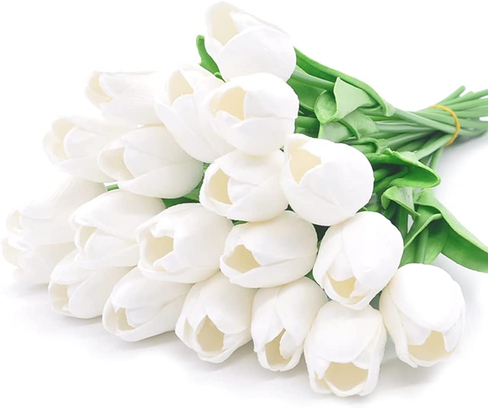 Photo 1 of 20pcs Artificial Tulips PU Touch Single Stem Fake Flower Bouquet Arrangement for Home Party Wedding Decoration (White)
