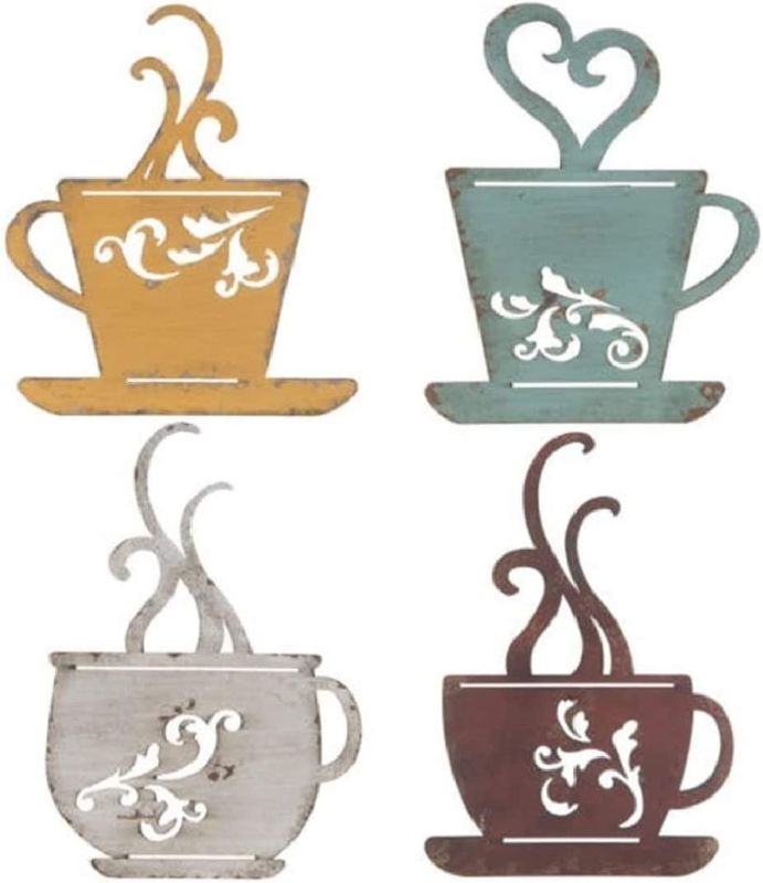 Photo 1 of CraftyCrocodile Coffee Cup Wall Decor - Metal Cafe-Themed Decorations - Set of 4 Vintage Mug Art - Decorative Kitchen, Dining Room, Restaurant, Coffee Shop Accessories COLORS MAY VARY, SEE LAST PHOTO