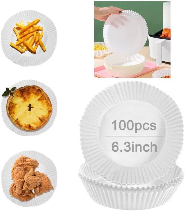 Photo 1 of 100pcs Air Fryer Disposable Paper Liner,Non-stick Baking Paper for Air Fryer Round Waterproof and Oilproof Parchment for Baking Roasting Microwave (6.3, White)