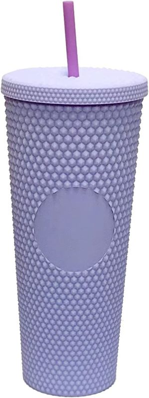 Photo 1 of 24oz Matte Plastic Studded Cup Double Wall Studded Water Tumbler Plastic Inlaid Rivet Cup with Lid and Straw(light purple)