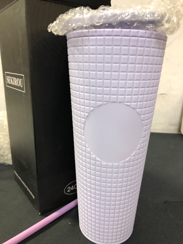 Photo 2 of 24oz Matte Plastic Studded Cup Double Wall Studded Water Tumbler Plastic Inlaid Rivet Cup with Lid and Straw(light purple)