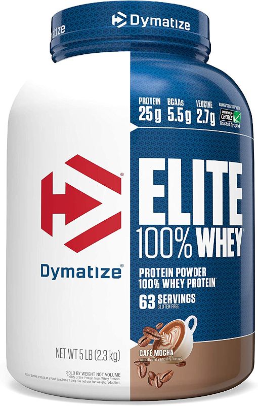 Photo 1 of Dymatize Elite 100% Whey Protein Powder, 25g Protein, 5.5g BCAAs & 2.7g L-Leucine, Quick Absorbing & Fast Digesting for Optimal Muscle Recovery, Cafe Mocha, 5 Pound   EXP 1/2024