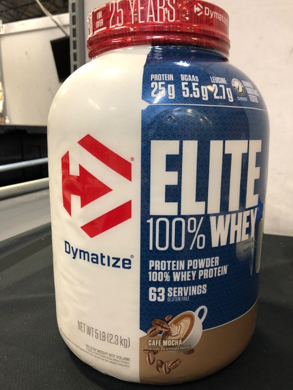 Photo 1 of Dymatize Elite 100% Whey Protein Powder, 25g Protein, 5.5g BCAAs & 2.7g L-Leucine, Quick Absorbing & Fast Digesting for Optimal Muscle Recovery, Cafe Mocha, 5 Pound   EXP 1/2024