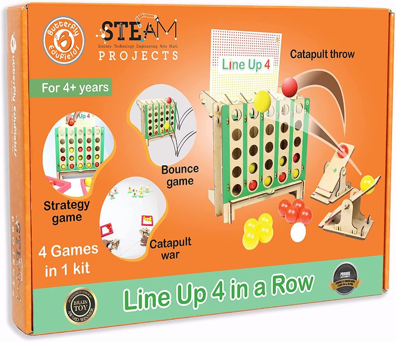Photo 1 of Butterfly Edufields Connect Shots 4 in a Row Wooden DIY Kit for Kids | 4 Games in 1 Kit with 2 Mini Catapult Shooters and 4 Bouncing Balls | Fun Family Battle for Kids 4+ Years | 20 min Assembly Time
FACTORY SEALED