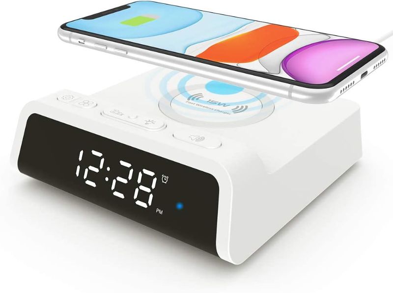 Photo 1 of Alarm Clock with 15W Fast Wireless Charging Pad, Snooze Alarm Clock with 4 Brightness 12/24H,Compatible with iPhone,Galaxy, Samsung,LG,Android,AirPods Wireless Charger for Bedroom,Additional USB Port
