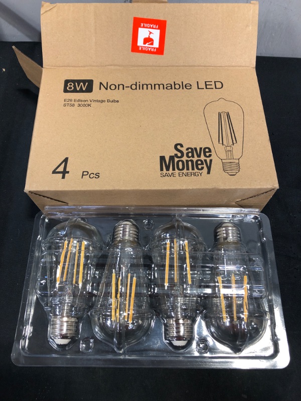 Photo 2 of 4-Pack Vintage LED Edison Bulbs 100W Equivalent 1400LM High Brightness 8W ST58 LED Filament Light Bulbs 3000K Warm White E26 Medium Base CRI90+ Antique Clear Glass for Home Dinning Room, Non-dimmable
