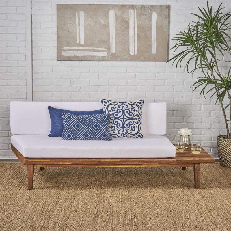 Photo 1 of Christopher Knight Home Eulah Indoor Minimalist Acacia Wood LEFT-Sided Sofa with White Cushions, Sandblast Finish / White