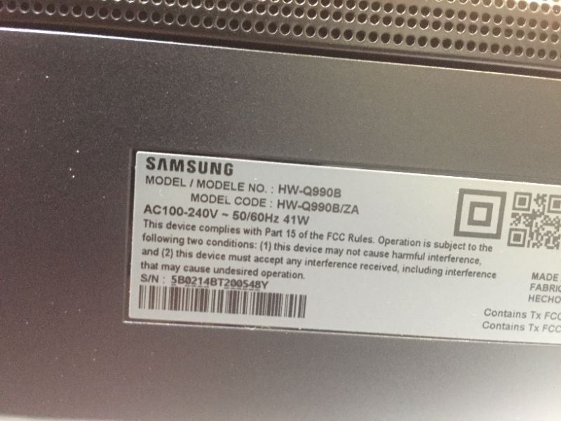 Photo 11 of SAMSUNG HW-Q990B 11.1.4ch Soundbar w/Wireless Dolby Atmos DTS:X 2022. Box Packaging Damaged, Minor Use, Soundbar Minor Use, Speakers Factory Sealed, Opened Factory Seals to Test Item. Item Turns on and Sounds Normal. 
