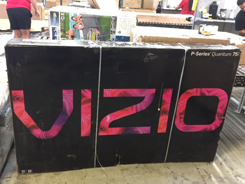 Photo 2 of VIZIO 75-Inch P-Series 4K QLED HDR Smart TV w/Voice Remote, Dolby Vision, 4K 120Hz Gaming, Alexa Compatibility, P75Q9-J01, 2022 Model. Box Packaging Damaged, Factory Sealed, Opened for Inspection, TV Turns on, Remote Works, Item is New. 
