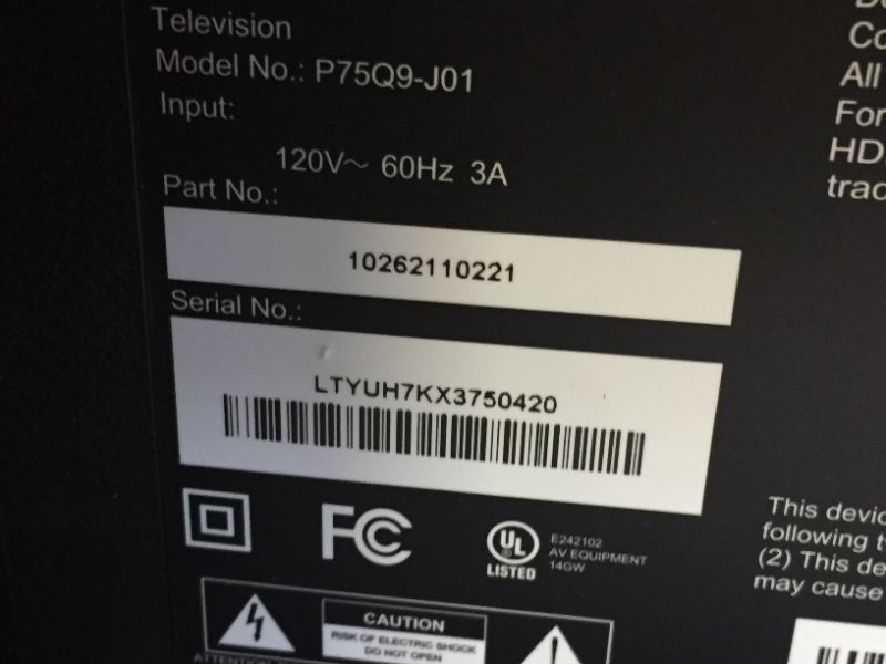 Photo 9 of VIZIO 75-Inch P-Series 4K QLED HDR Smart TV w/Voice Remote, Dolby Vision, 4K 120Hz Gaming, Alexa Compatibility, P75Q9-J01, 2022 Model. Box Packaging Damaged, Factory Sealed, Opened for Inspection, TV Turns on, Remote Works, Item is New. 
