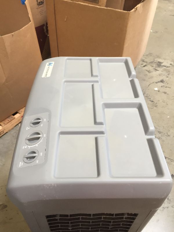 Photo 8 of Hessaire MC37M Evaporative Cooler, 3,100 CFM, Gray,No Box Packaging, Moderate Use, Scratches and Scuffs on item. Plastic Casing Opening Up Near Bottom as Shown in Pictures. Turn on and Blows Airs, Hardware Underneath Item
