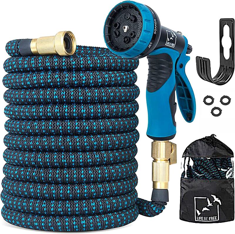 Photo 1 of  Expandable Garden Hose, Extra Strength No-Kink, Lightweight Durable Flexible Expanding Water Hose Pipe, 9 Function Spray Nozzle, 3/4 Solid Brass Connectors, Holder, Storage Bag
