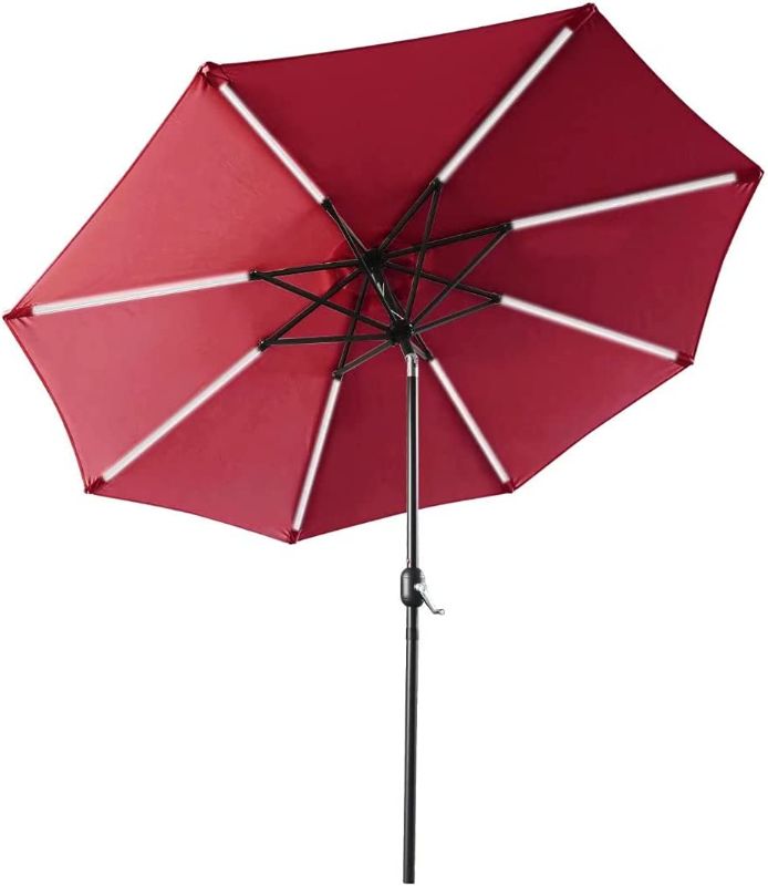 Photo 1 of ABCCANOPY 9FT Patio Umbrella Solar Powered Outdoor Umbrella, Market Umbrella with 8LED Lights Bars, Push-Button Tilt and Crank for Garden, Deck, Backyard and Pool,4+Colors (Burgundy)
