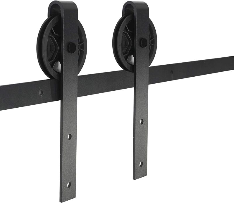 Photo 1 of 14 inch Height Rustic Black Big Spoke Sliding Door Wheels,Black Barn Door Hangers (Pair),Extra Hangers Only,Heavy Duty Metal Rollers 4 pc
