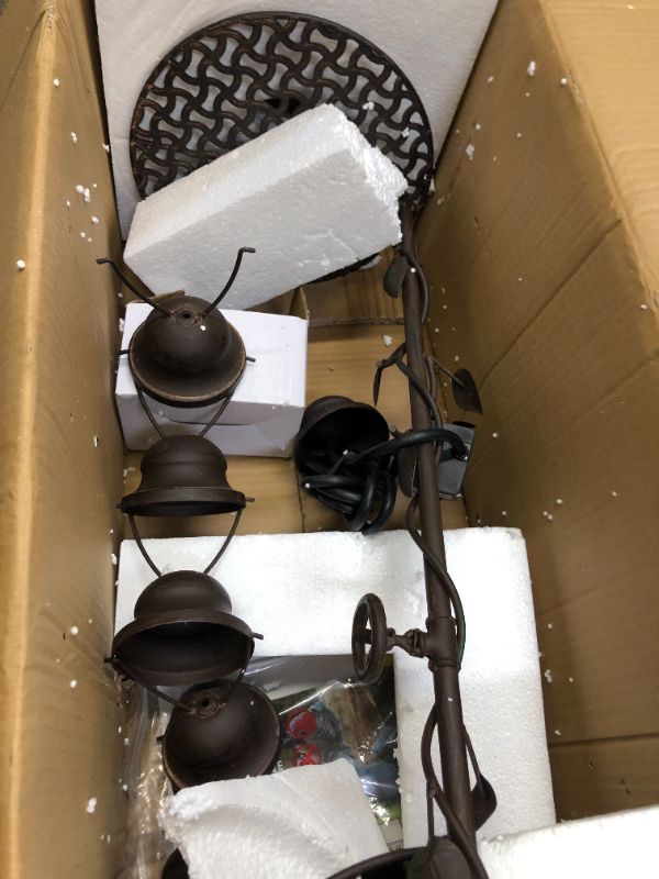 Photo 4 of Alpine Corporation 38" Tall Indoor/Outdoor Hanging 6-Cup Tiered Floor Water Fountain, Bronze, Box Packaging Damaged, Moderate Use, Scratches and Scuffs on item, Missing Parts, and Hardware, Selling for Parts.
