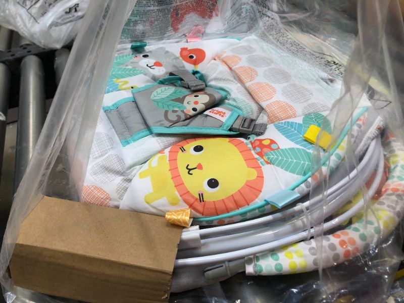 Photo 4 of Bright Starts Whimsical Wild Comfy Baby Bouncer Seat with Soothing Vibration and Music, Box Packaging Damaged, Moderate Use, Scratches and Scuffs Found on item, Hair Found on item. 
