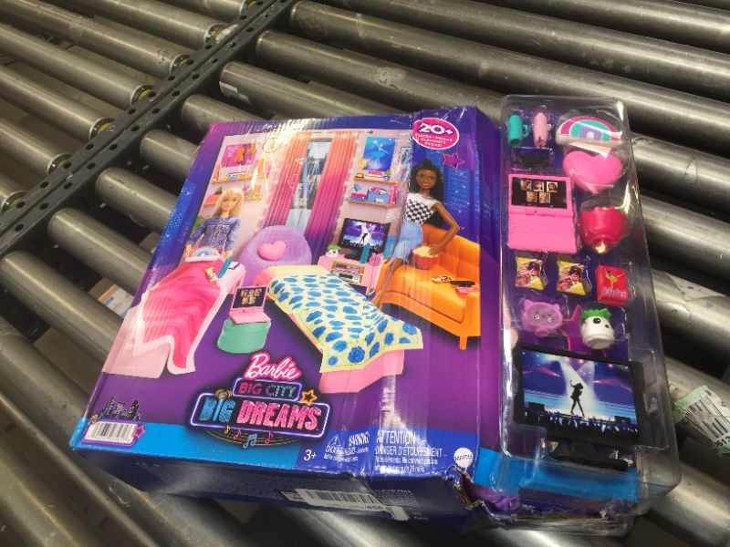 Photo 2 of Barbie: Big City, Big Dreams Dorm Room Playset with 2 Beds, Couch, Bean Bag Chair, Bedroom Furniture, Décor & Accessories, Gift for 3 to 7 Year Olds, Box Packaging Damaged, Item is New
