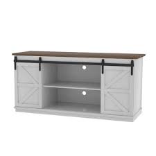 Photo 1 of YESHOMY Modern Farmhouse TV Stand with Two Barn Doors and Storage Cabinets for Televisions up to 65+ Inch, Entertainment Center Console Table, Media Furniture for Living Room, 58 Inch, White, Box Packaging Damaged, Moderate Use, Scratches and Scuffs Found