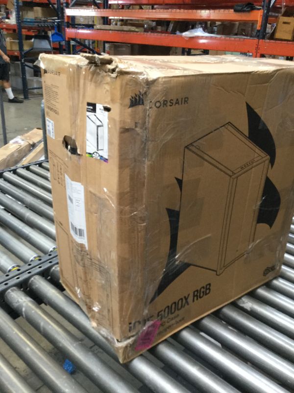 Photo 1 of Corsair iCUE 5000X RGB Tempered Glass Mid-Tower ATX PC Smart Case - Black, Box Packaging Damaged, Moderate Use, Scratches and Scuffs Found on item, Missing Parts. 

