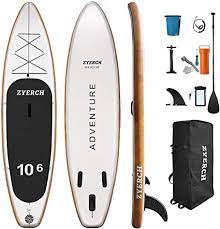 Photo 1 of Zyerch Inflatable Stand Up Paddle Board with Floating Paddle, Accessories of Backpack, Double-Action Hand Pump, All-Around SUP for Yoga,Fishing,Tour-10'6" (Black), Box Packaging Damaged, Moderate Use, Scratches and Scuffs Found on Item, Air Leak in Inflat