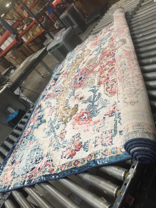 Photo 2 of Artistic Weavers Odelia Vintage Bohemian Area Rug,6'7" x 9',Garnet/Navy, No Box Packaging, Moderate Use, Creases and Wrinkles in Item, Hair Found on Item, Minor Fraying on Edges, Tape Found on Rug

