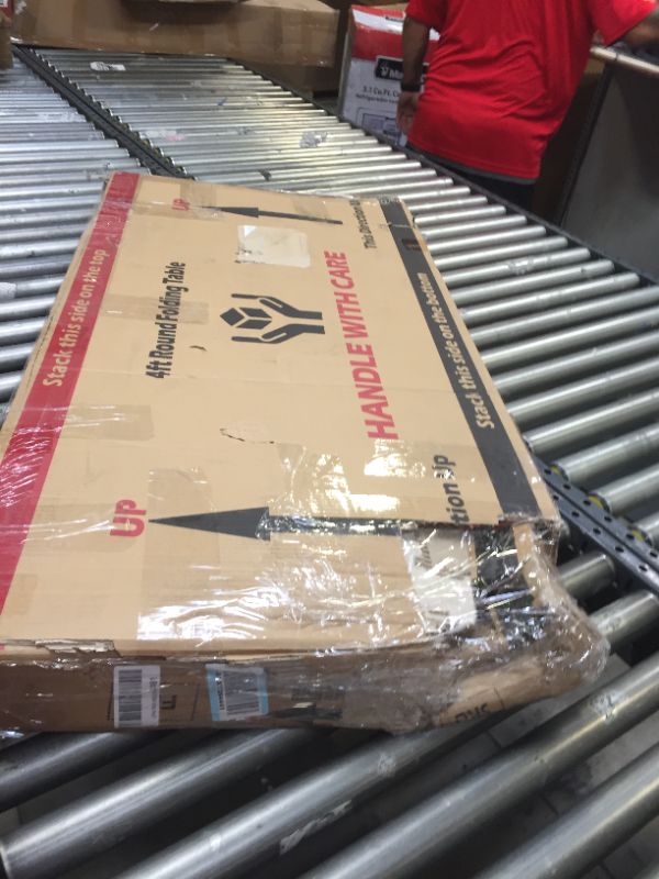 Photo 1 of 4ft Round Folding Table, Box Packaging Damaged, Moderate Use, Scratches and Scuffs Found on Item, Creases and Dents in Corner as Shown in Pictures