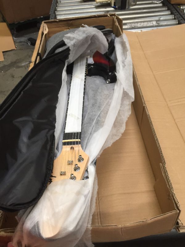 Photo 1 of 38 Inch Long Electric Guitar, Color Starburst, Box Packaging Damaged, Moderate Use, Scratches and Scuffs Found on Item, Missing Some Accessories.
