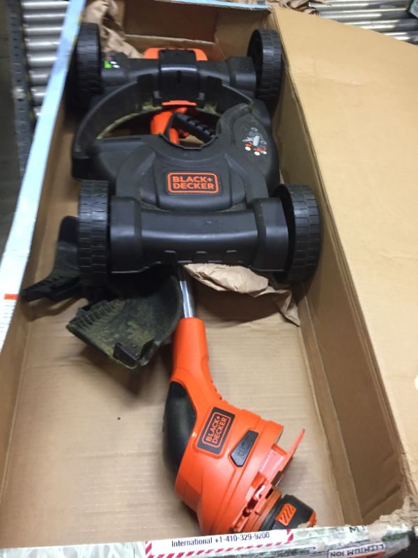 Photo 6 of Black & Decker MTC220 Max Cordless Lithium-Ion 3-in-1 Trimmer/Edger & Mower, Orange/ Black, Box Packaging Damage, Moderate Use, Scratches and Scuffs Found on Item, Hardware Loose in Box, Missing Hardware, Tested, works, Dirty From Previous Use