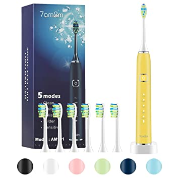 Photo 1 of 7am2m Sonic Electric Toothbrush with 6 Brush Heads for Adults and Kids, One Charge for 90 Days,Wireless Fast Charge, 5 Modes with 2 Minutes Built in Smart Timer, Electric Toothbrushes(Yellow)
