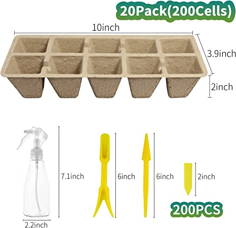 Photo 1 of 200Cells Seedling Start Trays with Drain Holes,20pcs Peat Pots Seedling Pots Biodegradable,Seedling Starter Kit,Organic Germination Plant Starter Trays(200xLabels,2xTransplant Tools,1xSpray Bottle)
