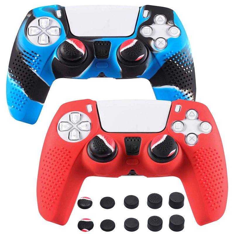 Photo 1 of HJYuan PS5 DualSense Controller Silicone Skin Case (Controller Skin x 2 + FPS PRO Thumb Grips x 10) (Red and Camouflage Blue)