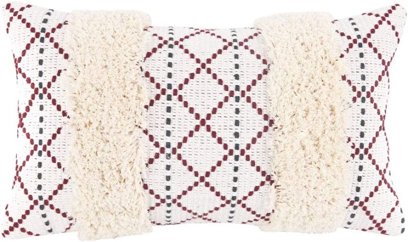 Photo 1 of Boho Decorative Christmas Lumbar Throw Pillow Covers Cotton Woven Geometric Textured with Fluffy Plush Modern Farmhouse Cover for Couch Sofa 12x20 inch,Wine red Diamond