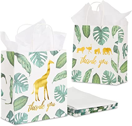 Photo 1 of 12 Pack Safari Thank You Bags with Tissue Paper, Wild One 1st Birthday Themed Decorations for Girls and Boys (8 x 9 x 4 In)
