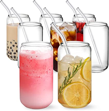 Photo 1 of [ 8pcs Set ] Drinking Glasses with Glass Straw - 16oz Can Shaped Glass Cups, Beer Glasses, Iced Coffee Glasses, Cute Tumbler Cup, Ideal for Whiskey, Soda, Tea, Water, Gift - 2 Cleaning Brushes
