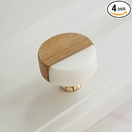 Photo 1 of 4 Pack Unqiue Wood Drawer Knob Modern Cabinet Knob Pulls White Stone Cupboard Knob Dresser Pull Handle Hardware (Single Hole knob, 4 Pack)
