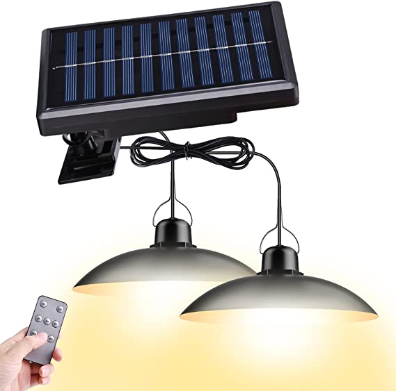 Photo 1 of Solar Shed Light with Remote Control, Lampelc 400LM Solar Powered Pendant Light with 2Pcs 9.84ft Cable, IP65 Waterproof Solar Lights Indoor Outdoor for Garage Patio Barn Chicken Coop
