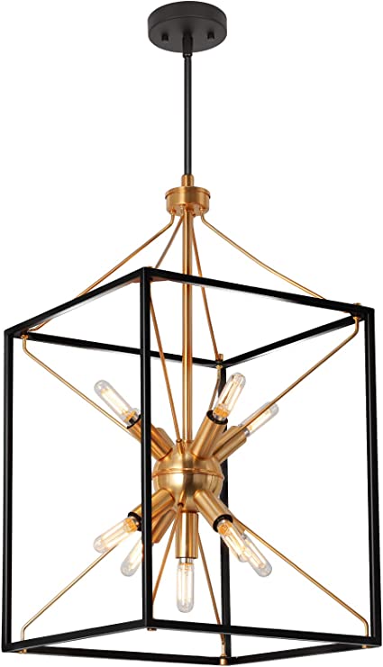 Photo 1 of 9-Light Chandelier, Adjustable Height Lantern Pendant Light with Black and Brass Finish, Metal Light Fixture for Dining & Living Room, Foyer, Bedroom, Kitchen Island and Entryway, 21.8"H x 12"W
