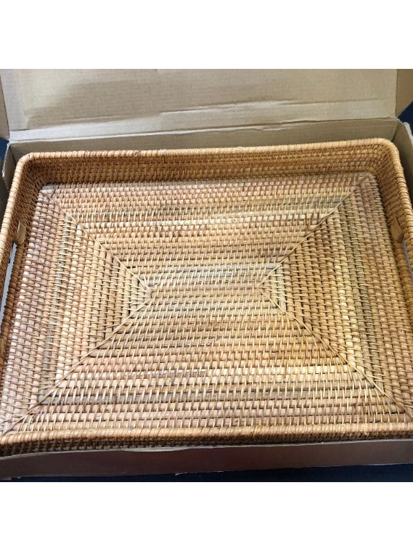 Photo 2 of 15 Inch Large Size Handwoven Serving Tray, Decorative Rattan Basket Trays with Handles and 2.3”Wall, Rectangular Bread Tray, Vintage Organizer Plate Wicker Basket Tray for Dessert, Snack, Candy, Brown
