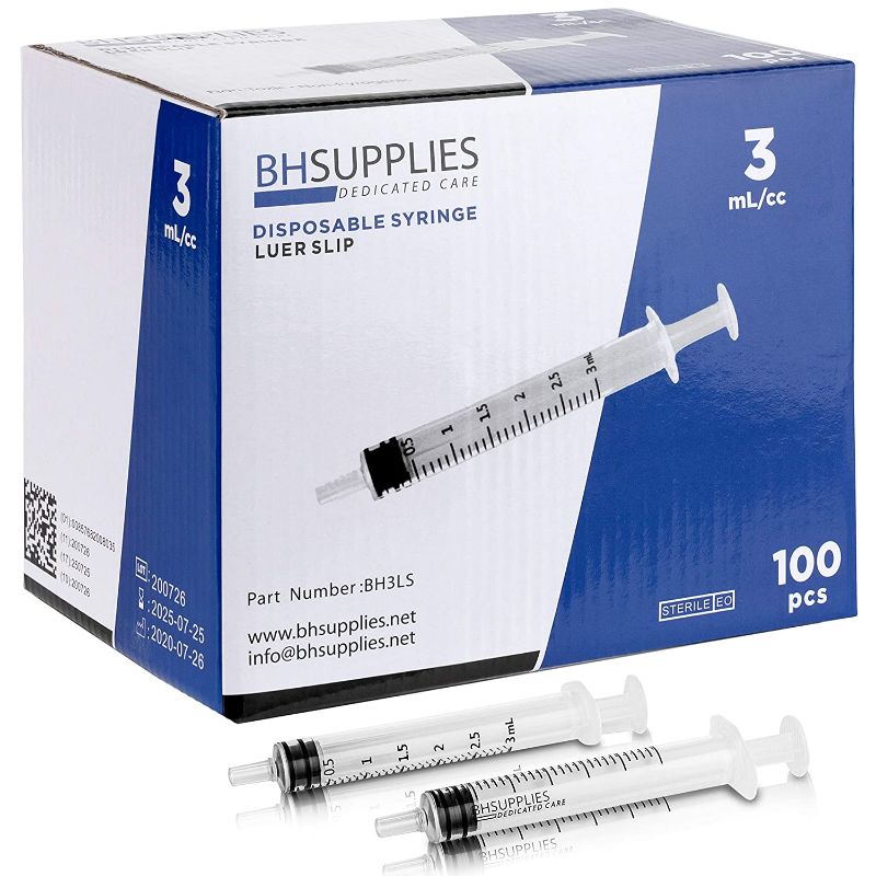 Photo 1 of 3ml Syringe Sterile with Luer Slip Tip - 100 Syringes by BH Supplies (No Needle) Individually Sealed