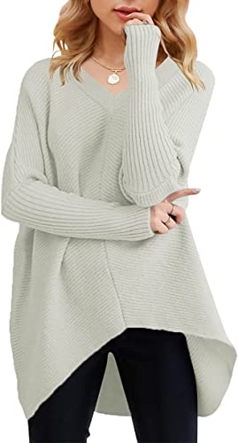 Photo 1 of ANRABESS Womens V Neck Oversized Long Batwing Sleeve Asymmetric Hem Casual Pullover Sweater Knit Tops - MEDIUM -