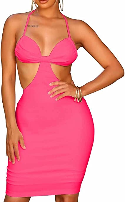 Photo 1 of Azhong Women's Sexy Knitted Cut Out Mini Dress Backless Spaghetti Strap Bodycon Halter Party Dresses Clubwear - MEDIUM- 