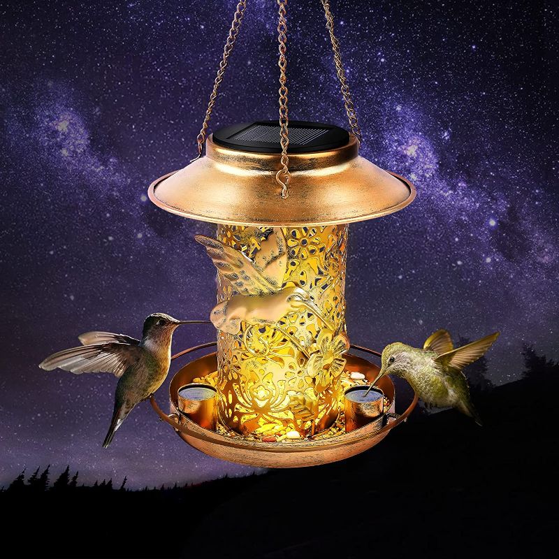 Photo 1 of Beewarm Solar Bird Feeder for Outdoors Hanging, Metal Wild Bird Feeder for Cardinals Solar Garden Lantern with S Hook for Bird Lovers (Gold)