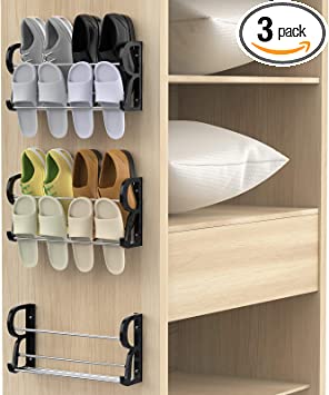 Photo 1 of Yocice Wall Mounted Shoes Rack 3Pack/Can Store 6Pairs Sneakers and 6Pairs Slide Sandal,with Sticky Hanging Mounts, Shoes Holder Storage Organizer Shelf ,Door Shoe Hangers,Black,SM05-17.7inch length

