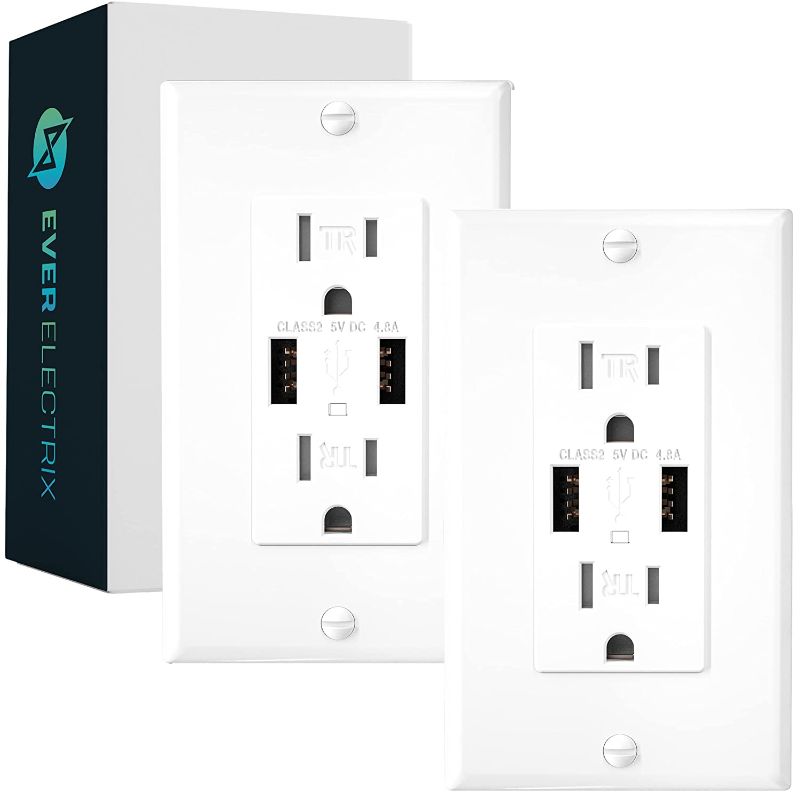 Photo 1 of 2-Pack EverElectrix 4.8A Wall Outlet with USB Ports 15Amp Duplex USB Wall Outlets Tamper Resistant USB Outlet Charger, UL Listed, Electrical Outlet with Dual USB Ports, White USB Outlets Receptacles
