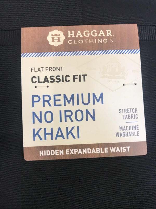 Photo 4 of Haggar Men's Premium No Iron Khaki Classic Fit Expandable Waist Flat Front Pant (Black) 48W X 32L
